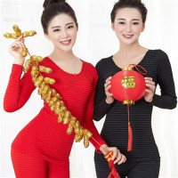 薄款条纹保暖套装女长袖蕾丝紧身美体女士秋衣秋裤打底保暖内衣