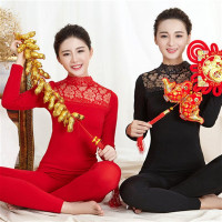 薄款保暖套装女高领蕾丝紧身美体女士秋衣秋裤中老年保暖内衣冬
