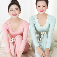 秋冬薄款圆领蕾丝保暖套装少女紧身美体秋衣秋裤长袖打底保暖内衣