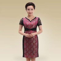 深圳清凡婚宴妈妈礼服高端品质蕾丝V领连衣裙1605