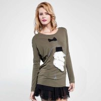 Calvin Tracy 秋装新款百搭纯色长袖T恤 韩版修身雪纺拼接打底衫