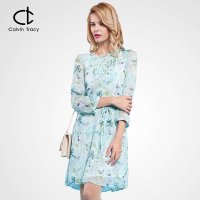 Calvin Tracy 2014秋季新款碎花束腰修身时尚连衣裙