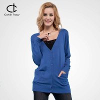 Calvin Tracy 2014秋季新款韩版简约圆领中长毛衣 开衫外套女针织衫