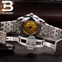 宾格BINGER自动机械表 男士手表 聚宝盆设计 精钢表带 时尚罗马刻度 简约双日历商务男表 赛丽系列钢带黑面