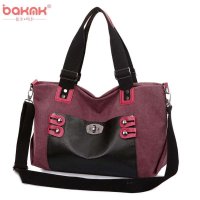 BAKMK芭卡玛卡 2015新款女士单肩包韩版时尚帆布大包斜挎包撞色手提包1033