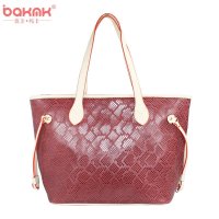 BAKMK 芭卡玛卡 牛皮优雅蛇纹手提单肩包B1149 枣红色
