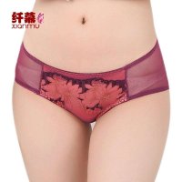 纤慕 紫荆花配套内裤 刺绣网纱半透明透气三角裤 女士中低腰裤