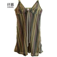 纤慕条纹小清新透气性感吊带睡裙 军绿色