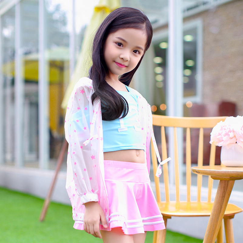 三件套 女孩新款分体裙式平角裤带罩衫可爱公主游泳衣 沙滩休闲小中大