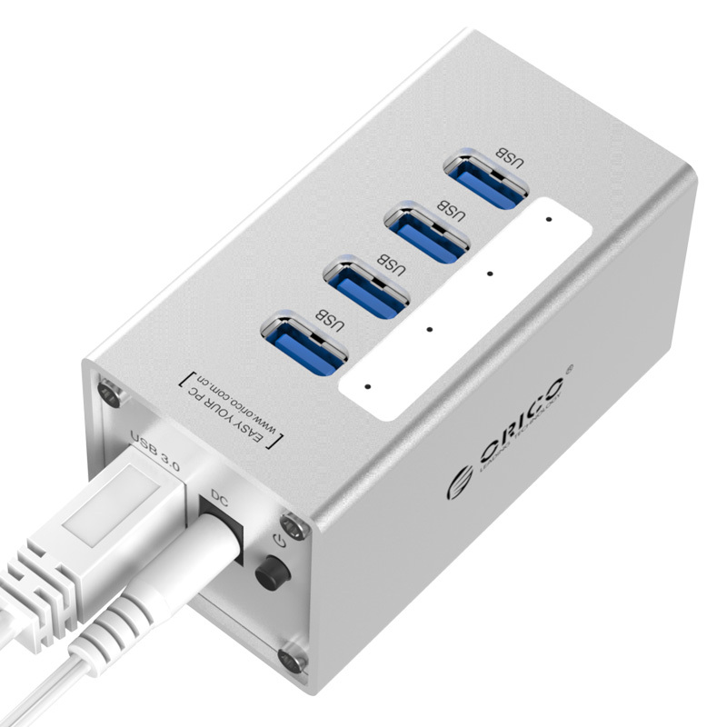 Orico/奥睿科 A3H4-BK 铝USB3.0分线器MAC接口扩展器usb集线器hub带电源外接硬盘 4口银色