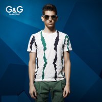 G&G 夏季新款圆领条纹短袖t恤透气薄款潮男T恤弹力迷彩风修身