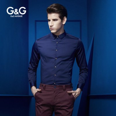 G&G 春季男士丝光棉长袖衬衫商务休闲方领衬衣韩版修身时尚青年