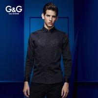 G&G 2015秋冬新款男士长袖衬衫纯色绣花衬衣男韩版修身商务休闲