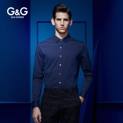 G&G纯色男士免烫时尚纯棉长袖衬衫修身弹力丝光棉衬衣