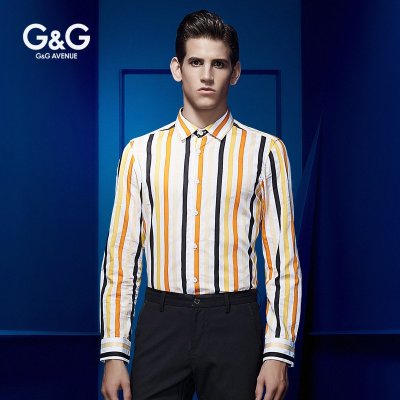 G&G 秋季新品男士休闲长袖衬衫纯棉条纹男士衬衣修身韩版断码