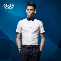 G&G夏季男士拼接印花短袖衬衫男夏纯棉男士衬衣韩版修身潮商务薄