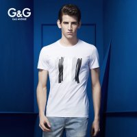 G&G 夏天短袖t恤男圆领韩版修身印花条纹打底衫男棉青少年简约薄