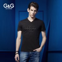 G&G 春夏男士短袖T恤V领休闲丝光棉体恤绣花字母韩版修身青少年