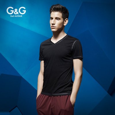 G&G男装 2015夏季正品莫代尔纯色黑色V领短袖t恤男修身休闲免烫