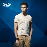 G&G男装夏季彩色拼接男士短袖T恤 V领修身短T夏装纯棉体恤