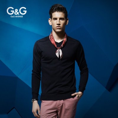 G&G男装 春秋季节男士修身羊毛衫男 时尚纯色V领毛衣针织衫正品