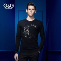 G&G 春秋男士丝光羊毛衫休闲长袖毛衣男印花针织衫男圆领修身薄