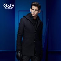 G&G 连帽羊毛大衣男毛呢大衣中长款修身立领男士呢子外套青年