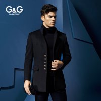 G&G男装 断码秋冬男士毛呢外套男厚款深蓝韩版英伦大衣中长款风