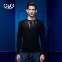 G&G 2015秋冬男士时尚拼接毛衣休闲长袖针织衫男丝光羊毛衫男