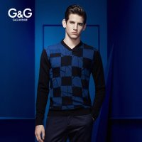G&G 断码2015秋冬长袖V领针织衫男修身商务休闲迷彩毛衣男士毛衫
