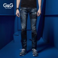 G&G 春秋款牛仔裤男印花直筒韩版修身款四季小脚裤nzk男裤青年