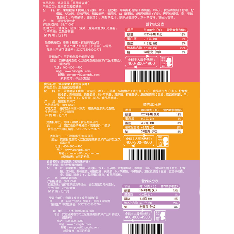 [三只松鼠_爆破果果香橙味40gx2袋]休闲零食爆浆果汁软糖果味橡皮糖 袋装 水果糖