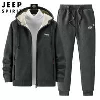 JJEEP吉普2021秋冬加厚加绒开衫卫衣套装宽松韩版潮流纯棉连帽运动微弹户外百搭两件套