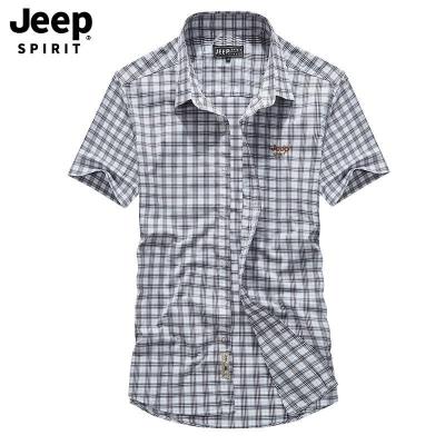 JEEP SPIRIT吉普新款短袖衬衫细格纹品牌刺绣男士短袖格子衬衣