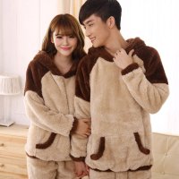 心仪树 秋冬季长毛绒加厚情侣睡衣女男士拼色可爱卡通情侣家居服套装