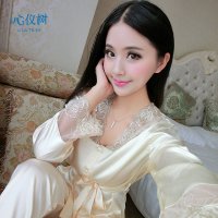 心仪树 春秋季新品女士仿真丝睡衣高贵开衫纯色蕾丝花边家居服套装