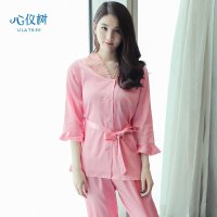 睡衣女春秋新品丝质睡衣休闲开衫高贵花边家居服套装