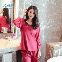 睡衣女春秋季新款丝质睡衣休闲高贵纯色花朵家居服套装