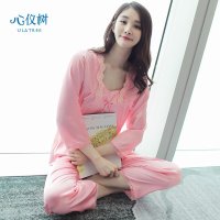 睡衣女春秋款丝质套装高贵纯色花边蝴蝶结家居服