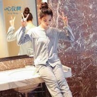 睡衣女春秋新款棉质睡衣休闲开衫卡通蕾丝家居服套装