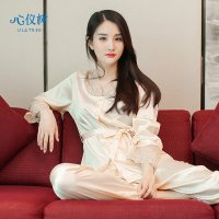 睡衣女春季新品丝质睡衣休闲V领开衫花边家居服套装 多色可选