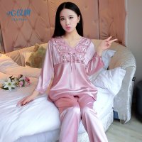 睡衣女春季新品丝质睡衣休闲纯色高贵优雅花朵家居服套装