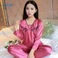 睡衣女春季新款丝质睡衣休闲长袖纯色V领花纹家居服套装