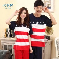 睡衣女夏季情侣款男士睡衣休闲简约横条五星家居服套装