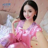 睡衣女夏季新品丝质睡衣休闲薄款蕾丝花边蝴蝶结家居服套装
