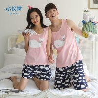 睡衣情侣夏男女士韩版纯棉睡衣休闲背心卡通海豚家居服套装