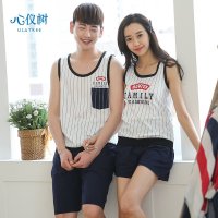 睡衣情侣夏韩版男女士纯棉睡衣休闲背心纯色数字家居服套装