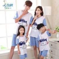 亲子睡衣夏季男女款棉质睡衣休闲短袖卡通小鱼男女童家居服套装