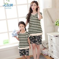 母女亲子睡衣夏季女士纯棉睡衣休闲条纹迷彩女童家居服套装