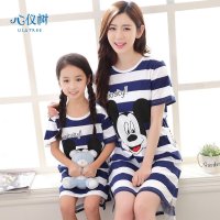 母女亲子睡衣夏季女士纯棉睡裙休闲条纹卡通米奇连体衣家居服